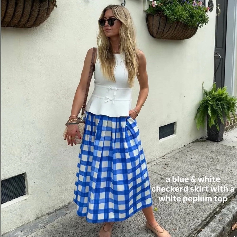 Zara Collection Blue and White Gingham Pleated A-Line Midi Skirt